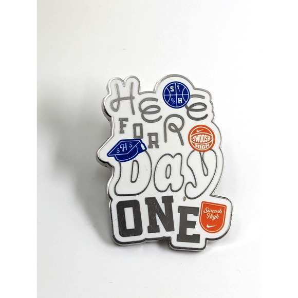 Nike Swoosh High Here For Day One Silver Tone Enamel Pin Advertise White Blue - Picture 5 of 5